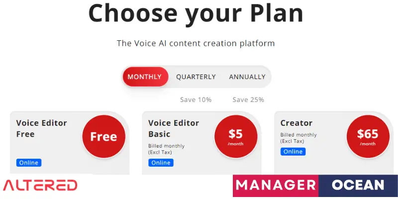 Altered.ai les tarifs et plans de Altered ai la plateforme de synthèse vocale