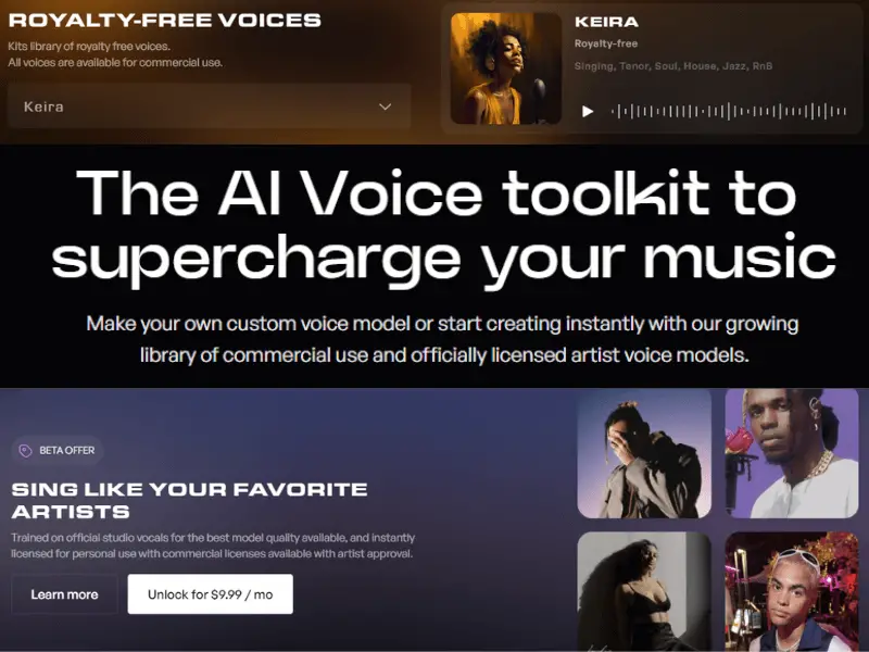 Kits.ai meilleure plateforme de génération de voix par IA pour les musiciens