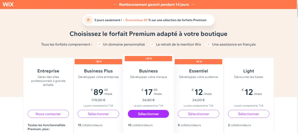 Prix et plans de la plateforme Wix.com, outil de création des sites web par l'IA en 2024