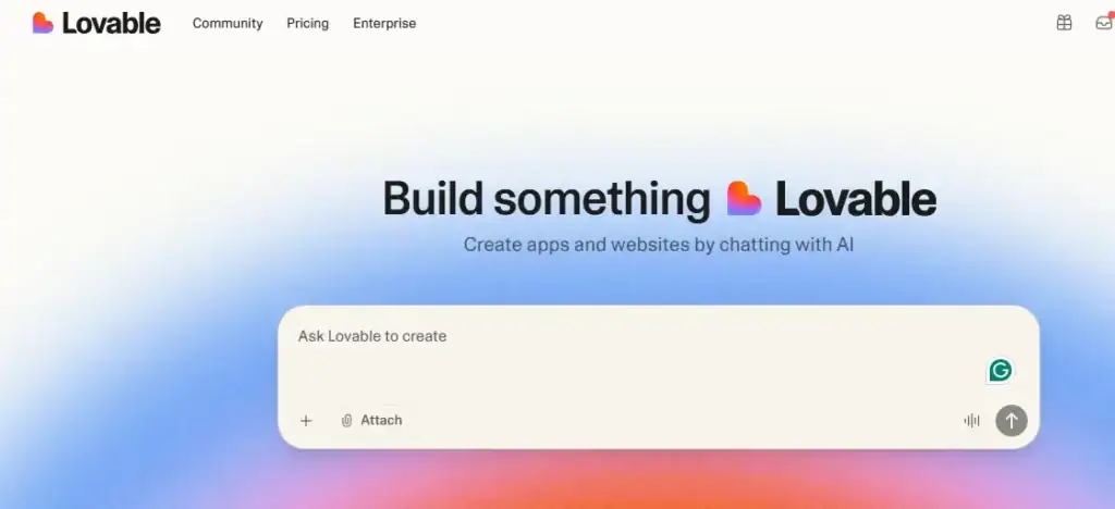 page d'accueil de Lovable AI, meilleur site IA pour créer son blog ou app via l'intelligence artifcielle en 2026