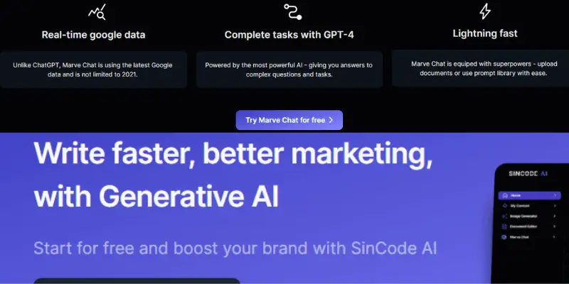Marve Chat de Sincode.ai meilleur générateur du texte par l'intelligence artificielle en 2023