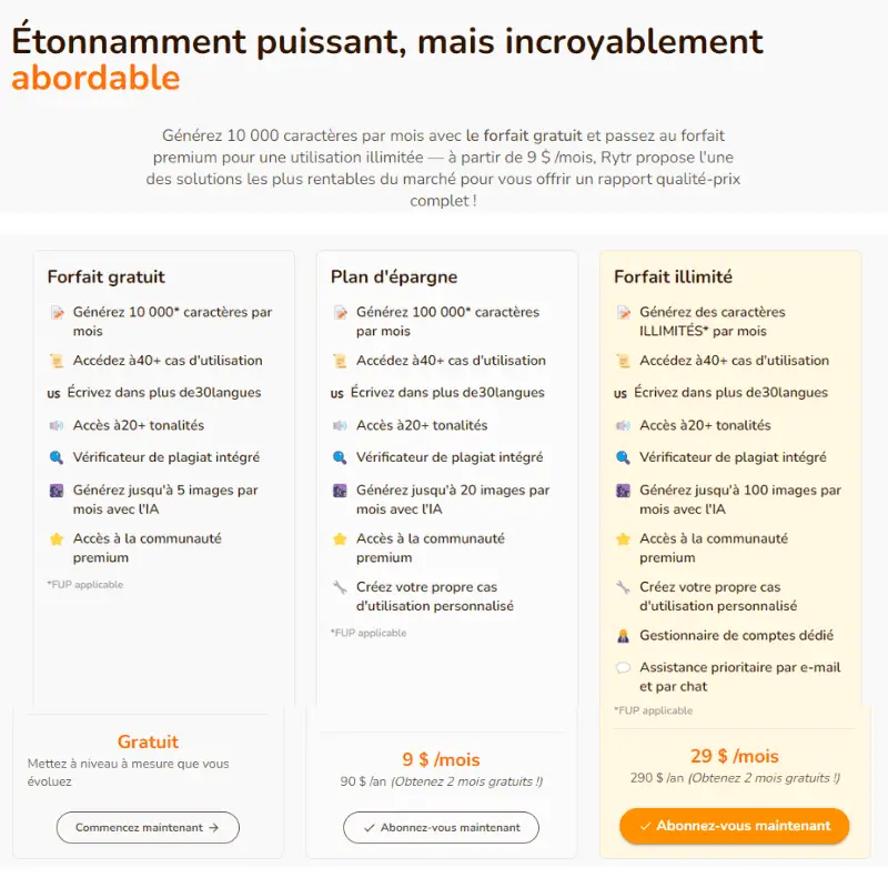 Prix et plans de Rytr en 2023, meilleure plteforme de création du contenu IA