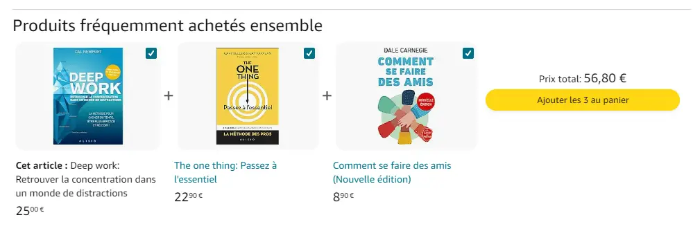 technique du "produits fréquemment achetés ensemble de Amazon", le e-merchandising, guide détaillé pour les débutants en 2024