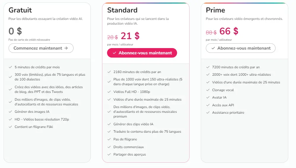 Prix et plans de Fliki.ai site de génération de vidéos par l'intelligence artificielle