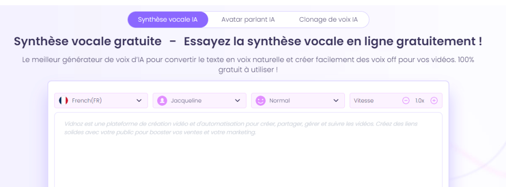 clonage de voix ia de célébrité, vidnoz meilleur synthétitiseur vocal français en 2024