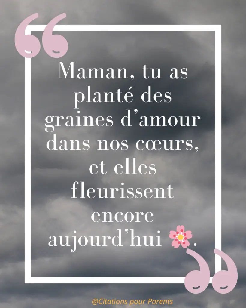 Citations pour maman décédée : Des messages pleins de tendresse et de gratitude % « Maman, tu as planté des graines d’amour dans nos cœurs, et elles fleurissent encore aujourd’hui 🌸. »