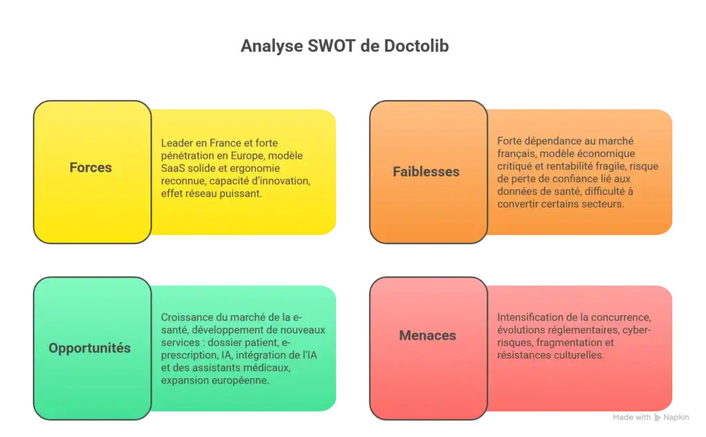 Matrice SWOT de Doctolib, forces , faiblesses, opportunités et menaces de Doctolib.